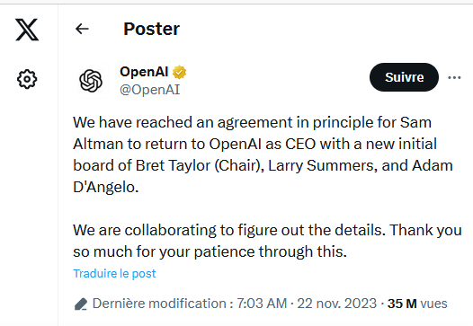 Message de penAI sur X